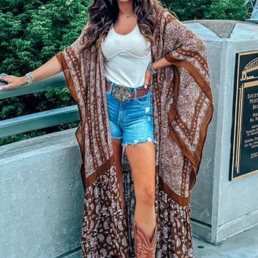 Bohemian Brown Kimono with Floral Pattern